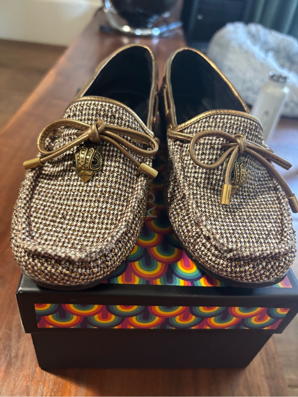 Kurt Geiger Eagle Moccasin Brown/Gold Flats with Gold Hardware size 37 NWT